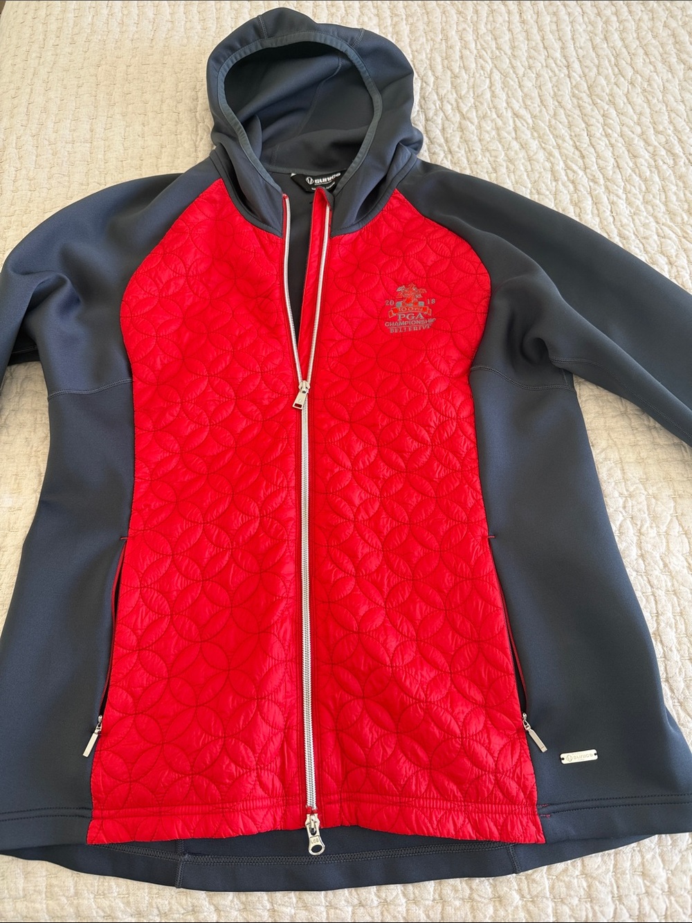 Sunice Red & Charcoal Quilted Hooded Jacket